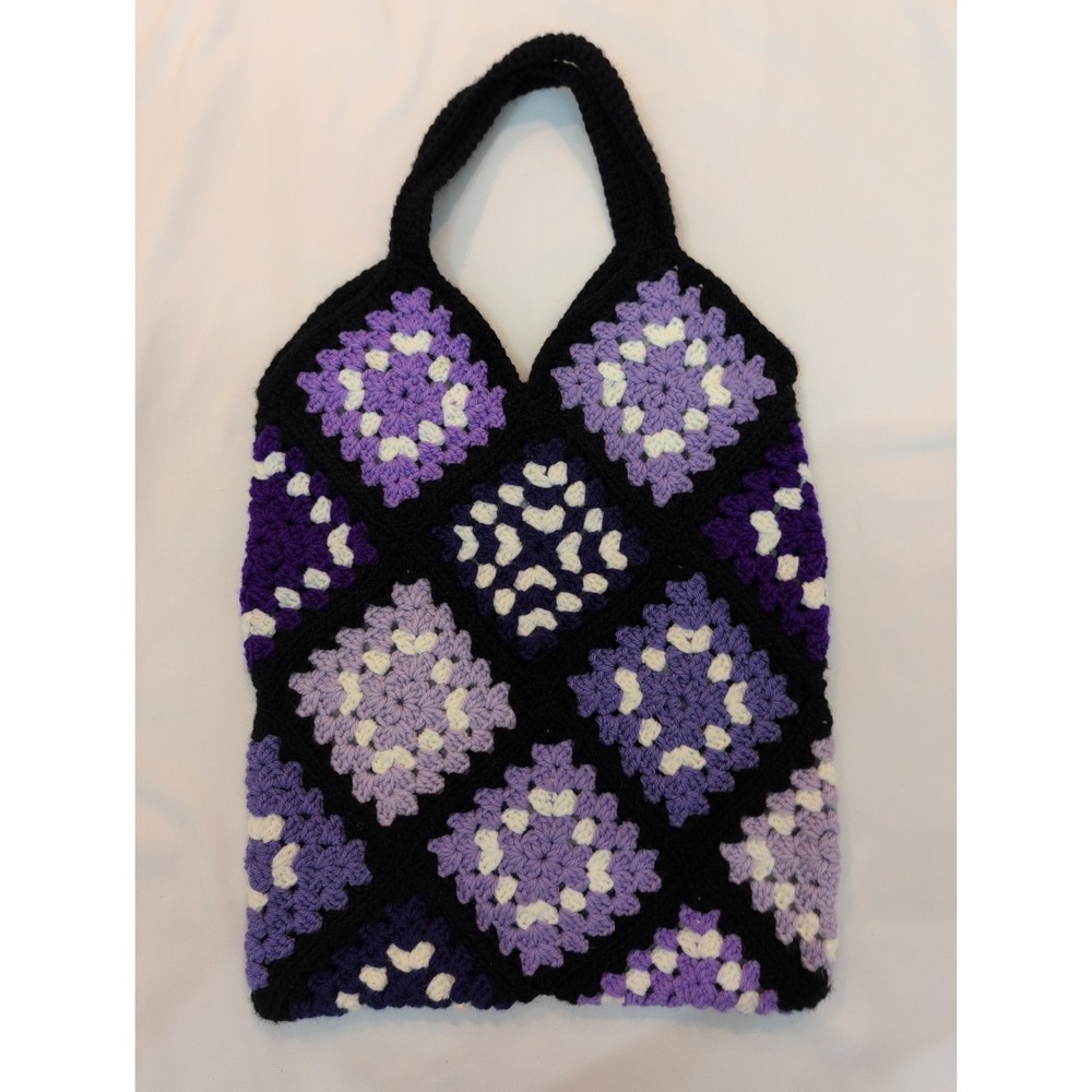 Handmade Crochet Granny Square Boho Shoulder Bag Beach Market Shopping Purple